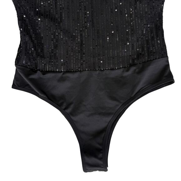 New Black Sequined Bodysuit Medium Snap Closure Club Holiday Glam Bling Sparkle - Picture 3 of 12